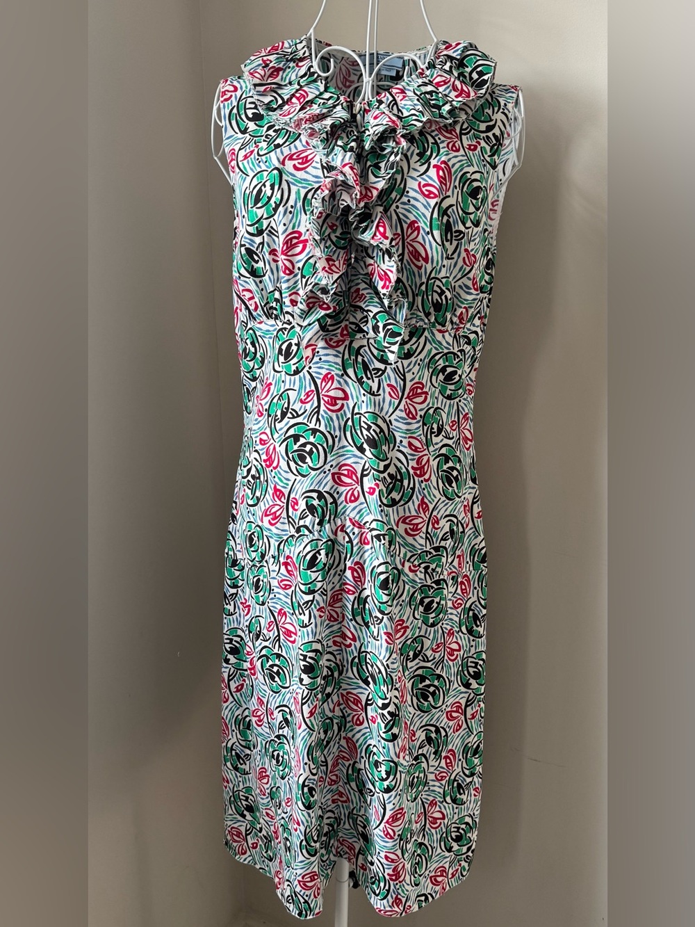 PRADA Floral Ruffle Neck Sleeveless Dress White, Green & Pink Size US 8 It 44